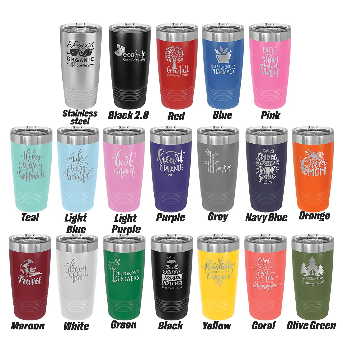 "Color options for personalized 20 oz Polar Camel tumblers featuring engraved logos and phrases in Stainless Steel, Black, Red, Blue, Pink, Teal, Light Blue, Light Purple, Purple, Grey, Navy Blue, Orange, Maroon, White, Green, Yellow, Coral, and Olive Green insulated cups."