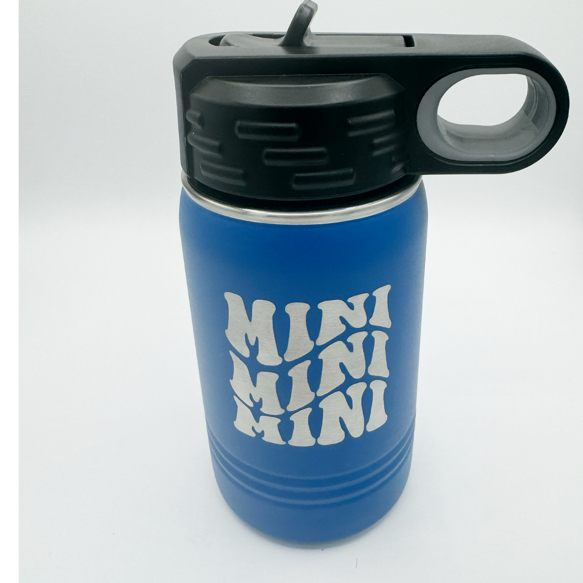 "Custom personalized blue Polar Camel 12oz stainless steel kids' water bottle with a black flip-top lid and handle. The bottle features a bold, engraved 'MINI MINI MINI' design in a wavy, retro-style font."