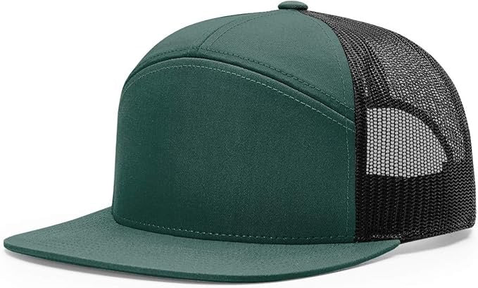 Richardson 168 7-panel trucker hat in dark green with black mesh back and flat bill, ideal for custom leather patch branding.