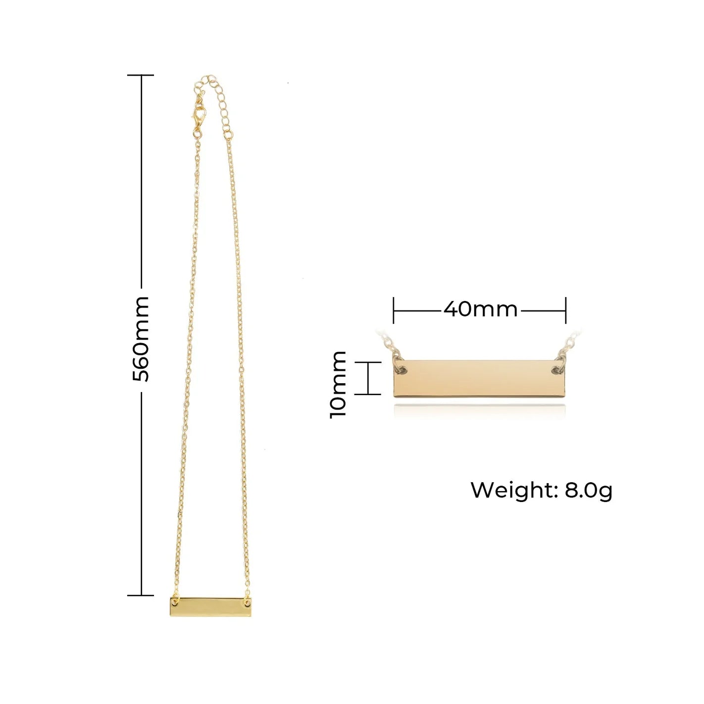 "Dimensions for personalized horizontal bar necklaces: 40mm width, 10mm height, 560mm chain length, and weight of 8.0g—perfect for customized engraving."