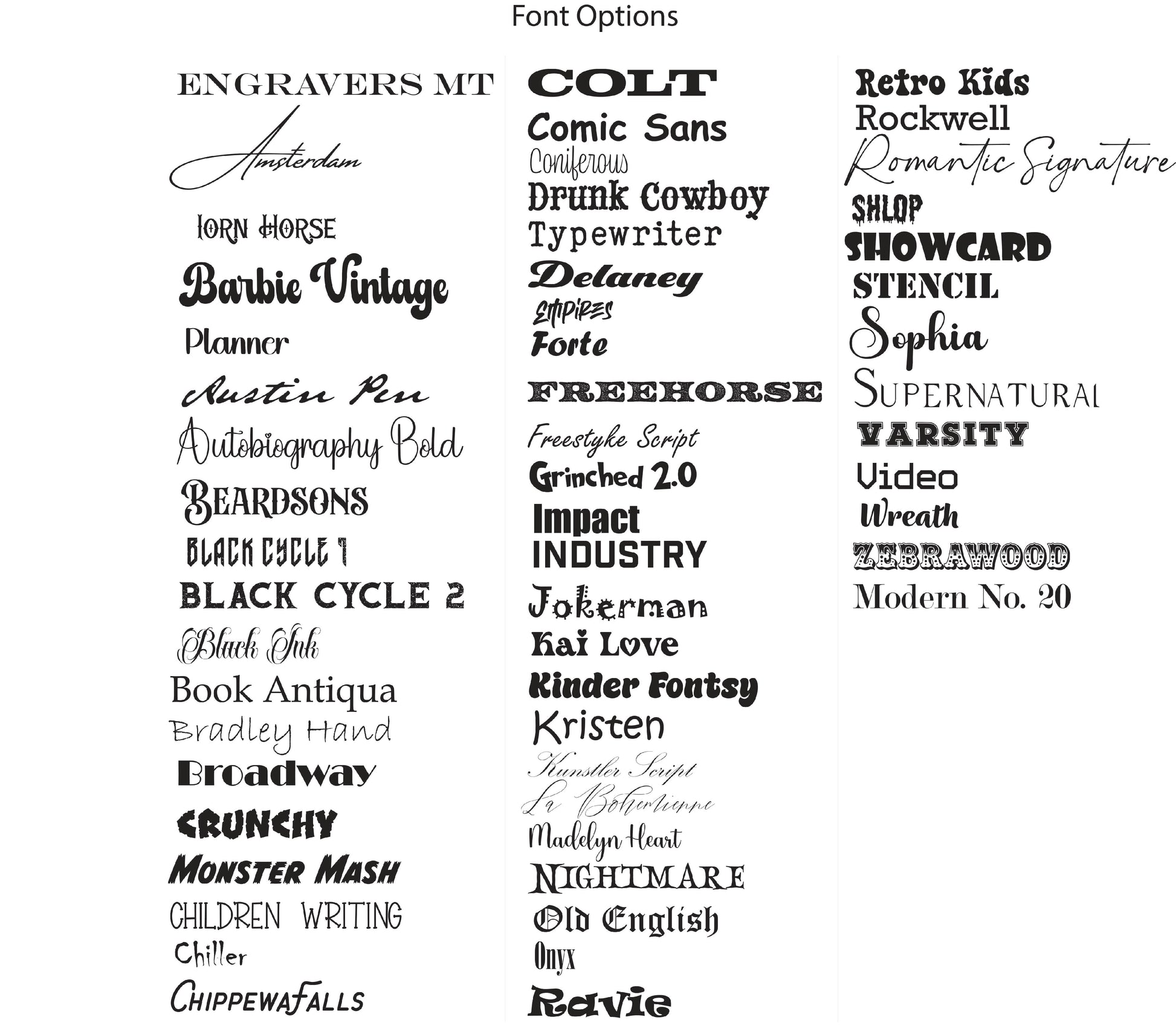 "Font options for personalized bar necklaces, featuring a variety of styles including elegant scripts, bold block letters, vintage-inspired fonts, and playful designs. These fonts allow for customized engravings to create unique and meaningful jewelry pieces."