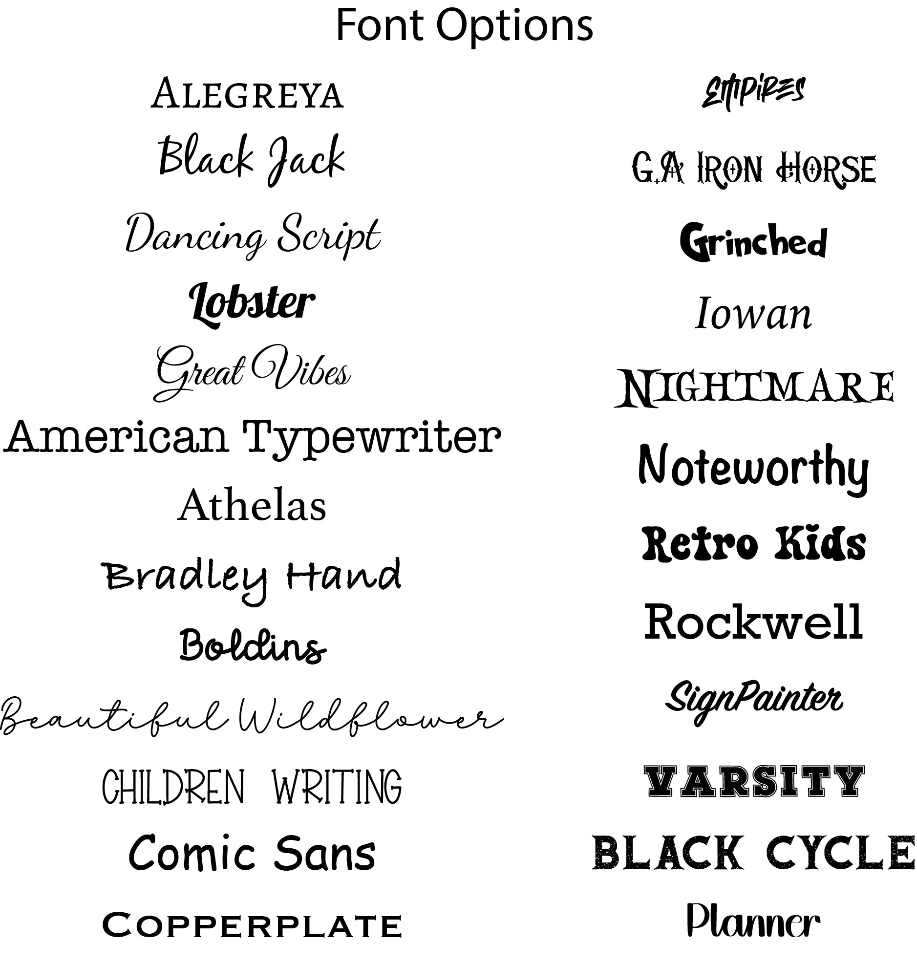 Font options for custom hats and tumblers including script, bold, serif, and novelty styles like American Typewriter, Lobster, Varsity, Nightmare, Comic Sans, and more. Great for personalized engraved or printed designs.