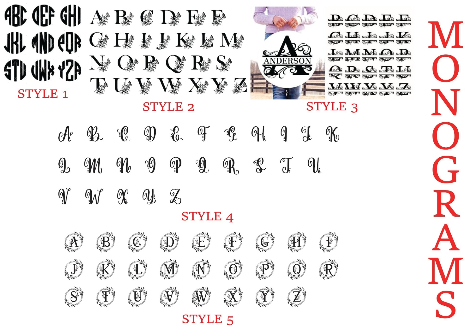 "Custom personalized 40oz Stanley tumbler monogram options featuring five distinct styles: bold circular letters (Style 1), floral-accented script (Style 2), elegant baroque designs (Style 3), decorative swirls (Style 4), and wreath-enclosed initials (Style 5). Perfect for adding a unique and stylish touch to your tumbler!"