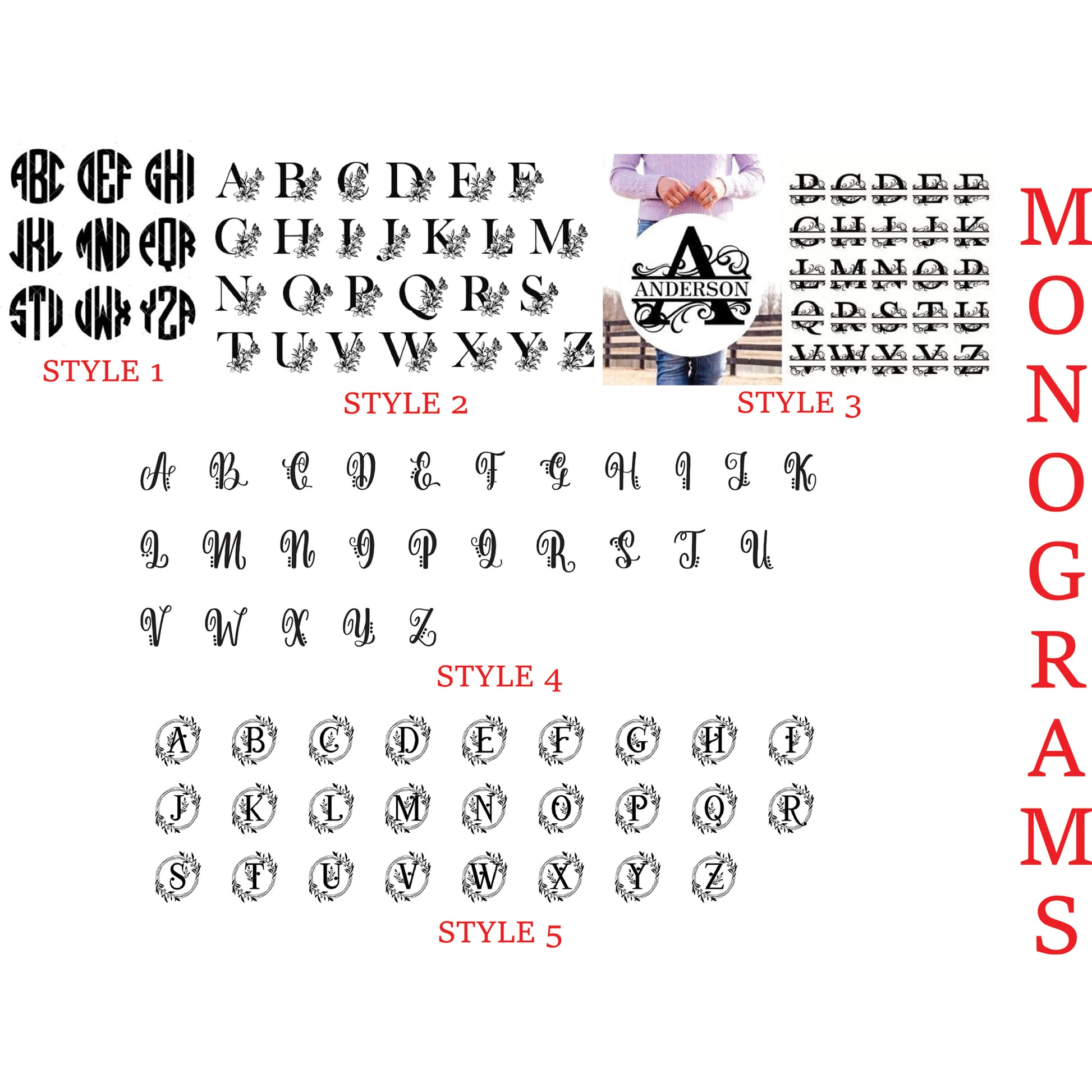"Image displaying a variety of monogram styles for custom personalized Polar Camel 12oz stainless steel kids' water bottles. The monogram options include five unique styles, ranging from bold block letters to intricate floral and ornamental designs, perfect for adding a personalized touch to each bottle."