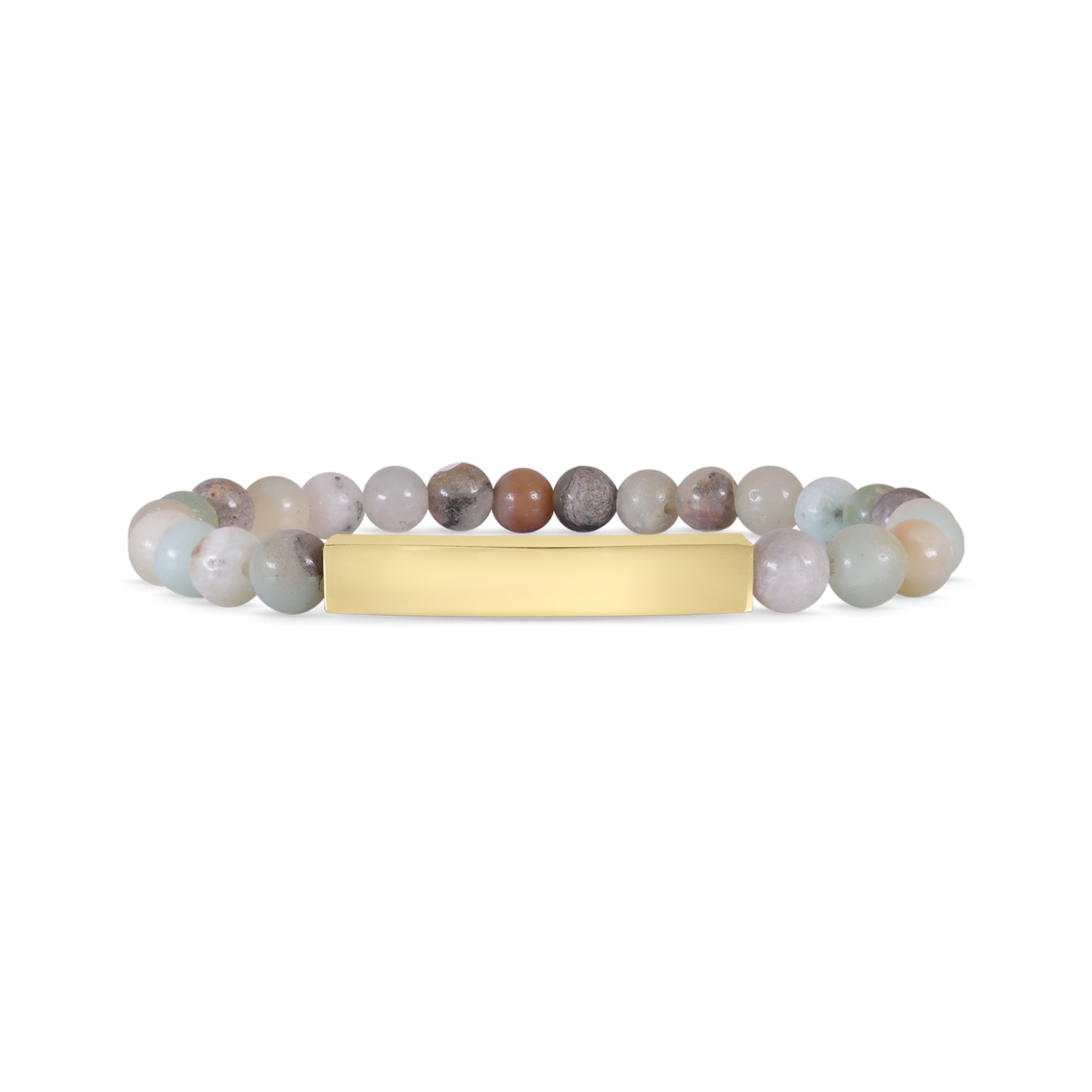 "Moon and Skye Creations personalized gold bar bracelet with Amazonite stone beads. A stylish and meaningful accessory, ideal for engraving and perfect as a thoughtful gift."