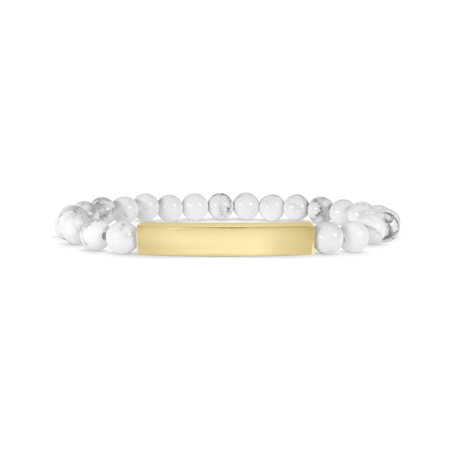 "Moon and Skye Creations personalized gold bar bracelet with Howlite stone beads. A minimalist yet elegant piece, perfect for custom engravings and thoughtful gifts."