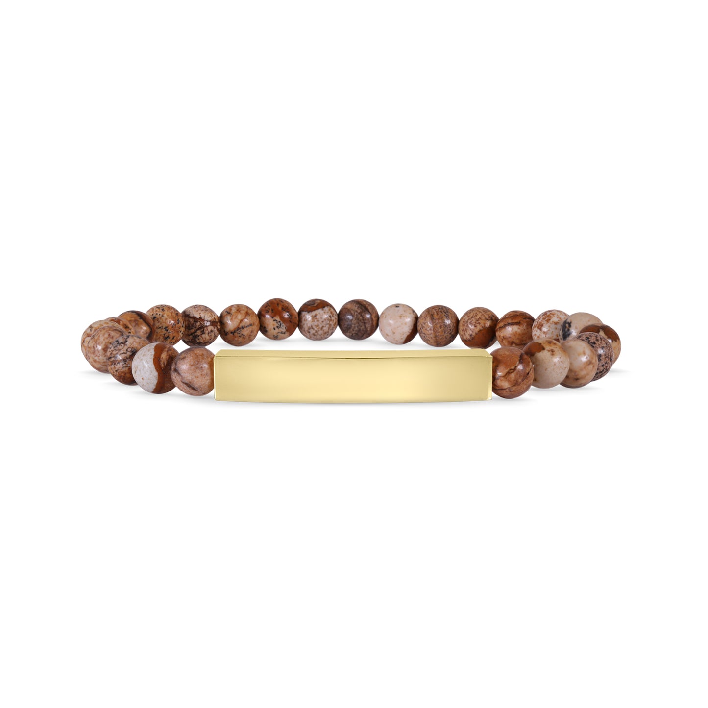 "Moon and Skye Creations personalized gold bar bracelet with Picture Jasper stone beads. A stylish and earthy design, perfect for custom engravings and meaningful gifts."  