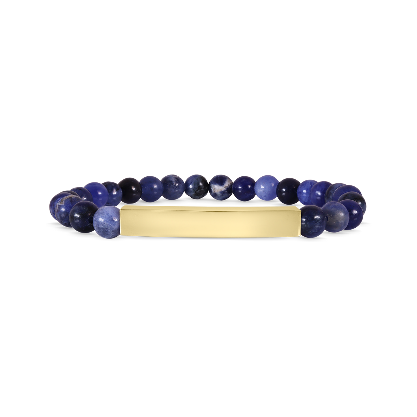 "Moon and Skye Creations personalized gold bar bracelet with Sodalite stone beads. A sophisticated and customizable accessory, perfect for engraving and gifting."