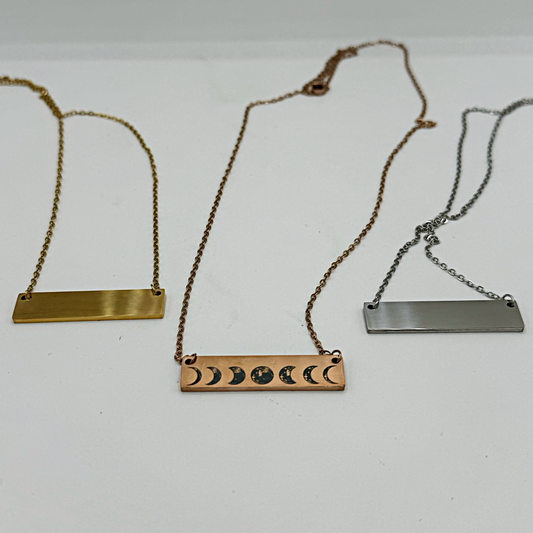 "Personalized horizontal bar necklaces in rose gold, gold, and silver, perfect for custom engraving or unique designs." 