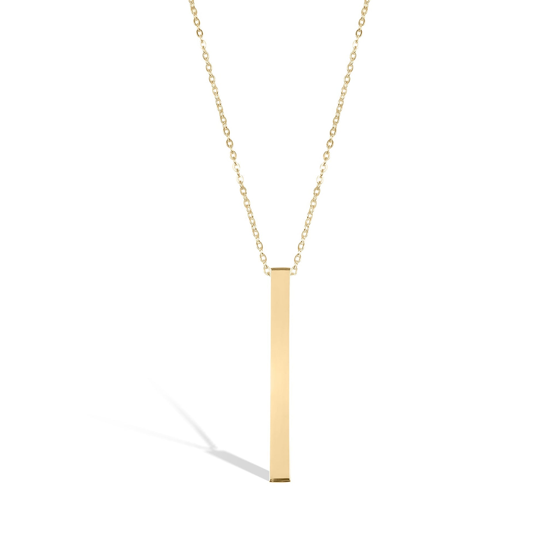 "Elegant gold vertical bar necklace with a minimalist design, perfect for personalization with engraved names, initials, or meaningful messages. A timeless and stylish jewelry piece for everyday wear or special occasions."