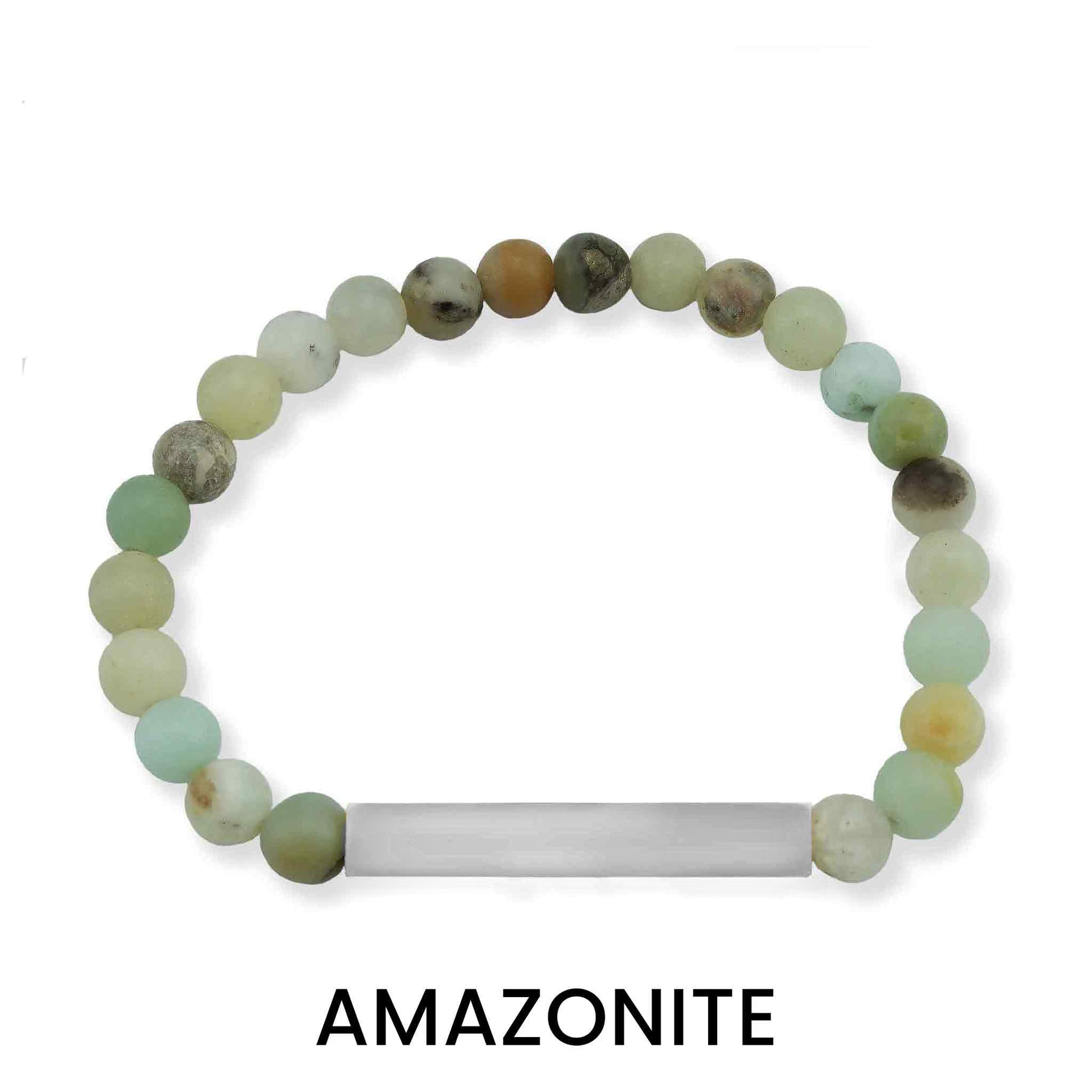 "Stunning Amazonite bracelet by Moon and Skye Creations, featuring soothing green and earthy-toned natural stones, elegantly complemented by a sleek silver bar for customization. A perfect blend of tranquility and style, ideal for meaningful personalization and everyday wear."
