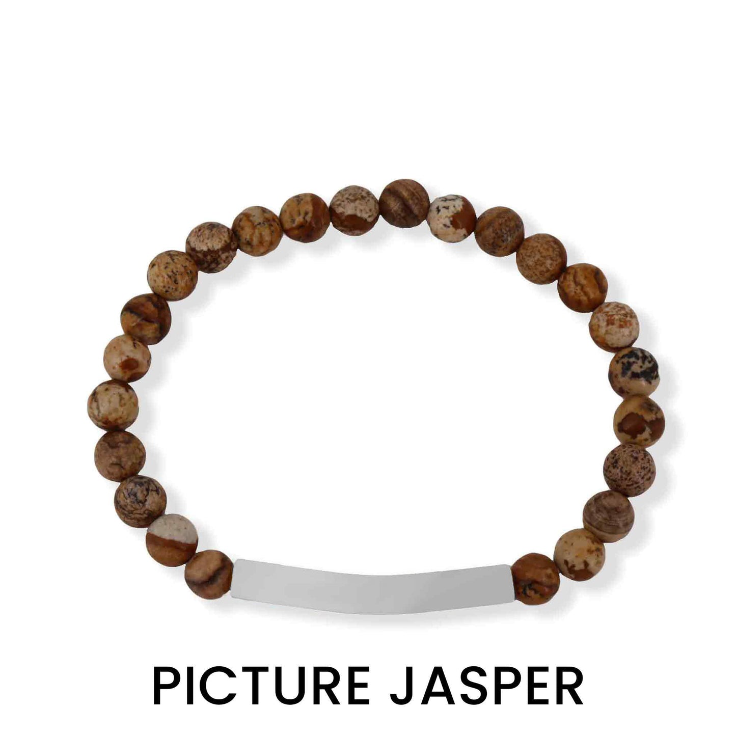 "Personalized Picture Jasper bracelet by Moon and Skye Creations, featuring a sleek silver bar for custom engraving. This handcrafted piece blends earthy elegance with individuality, making it a meaningful accessory for any style."