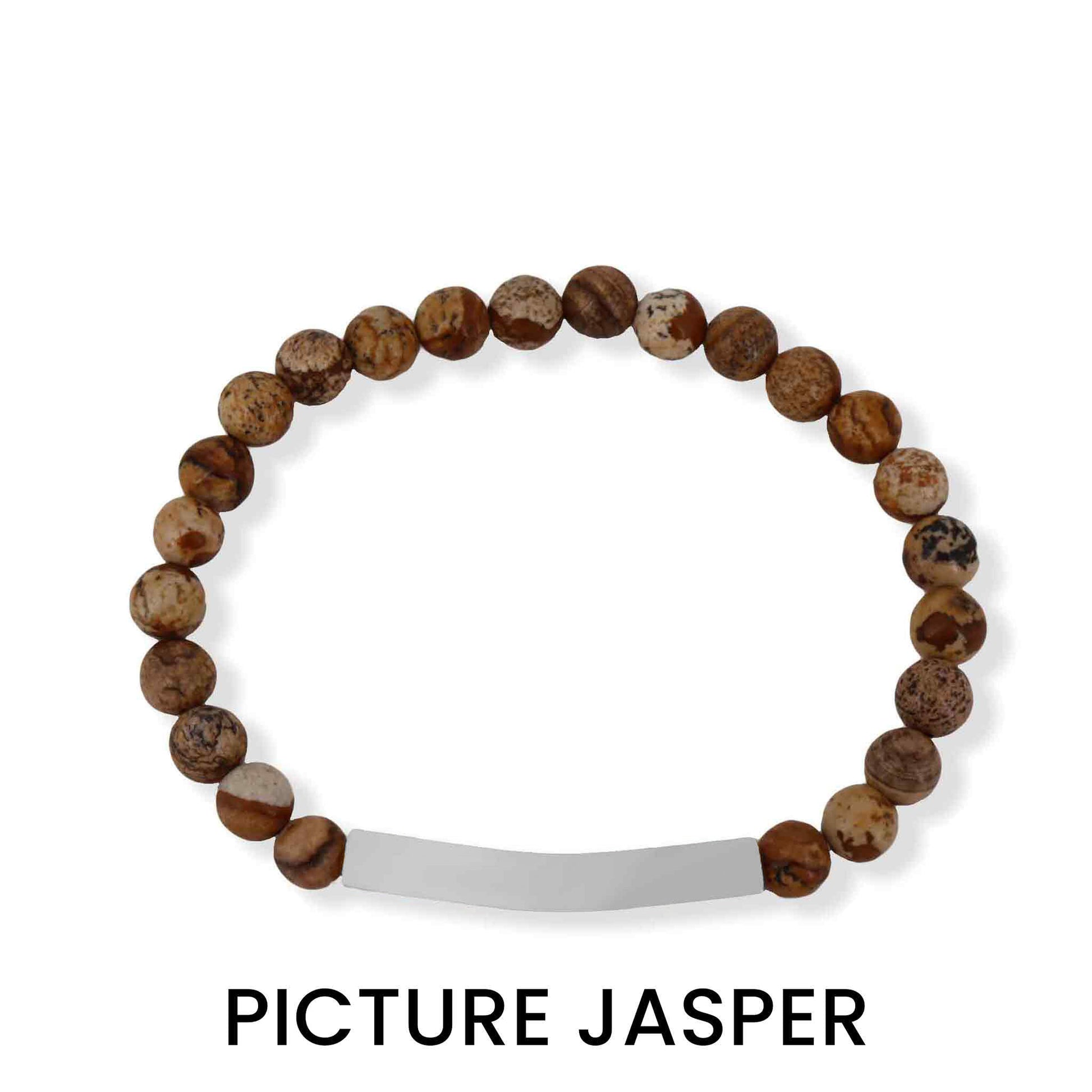 "Personalized Picture Jasper bracelet by Moon and Skye Creations, featuring a sleek silver bar for custom engraving. This handcrafted piece blends earthy elegance with individuality, making it a meaningful accessory for any style."