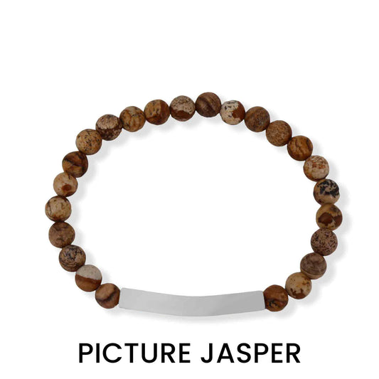"Personalized Picture Jasper bracelet by Moon and Skye Creations, featuring a sleek silver bar for custom engraving. This handcrafted piece blends earthy elegance with individuality, making it a meaningful accessory for any style."