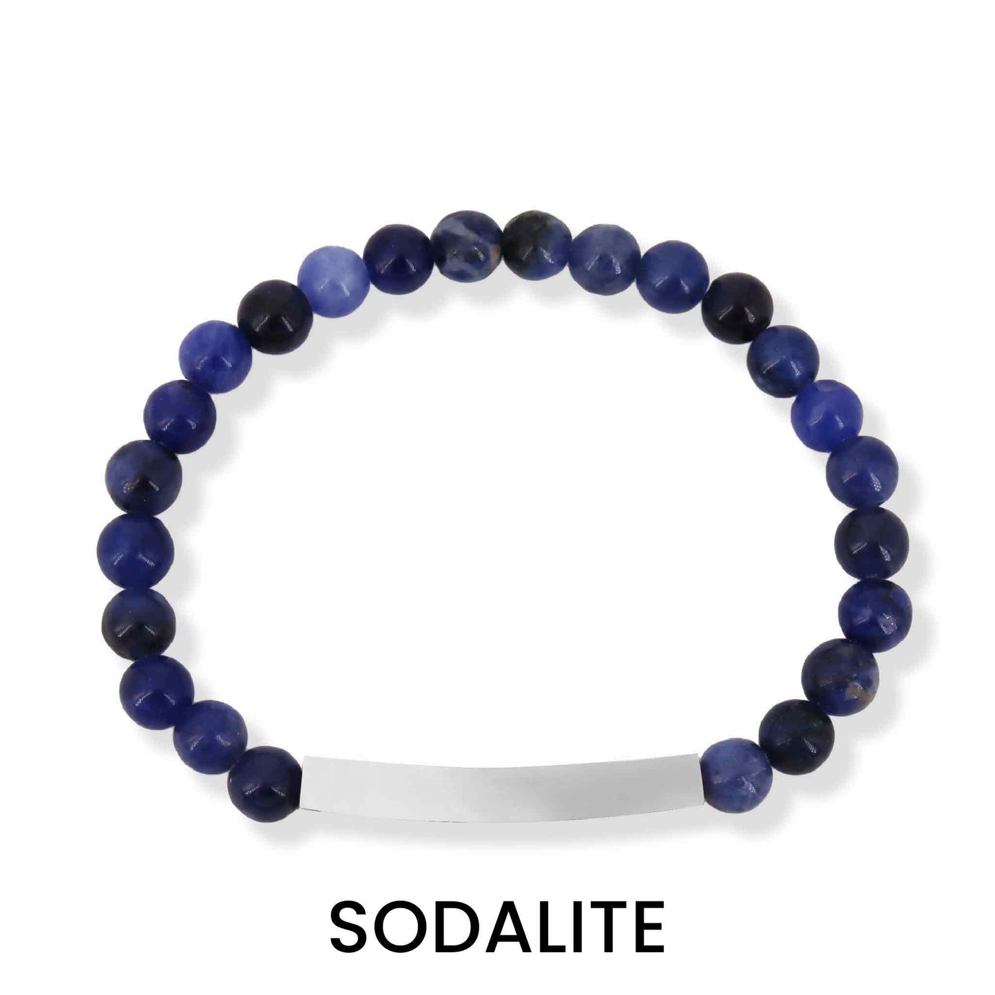 "Elegant Sodalite bracelet by Moon and Skye Creations, featuring deep blue natural stones paired with a sleek silver bar for personalization. This handcrafted piece exudes sophistication and individuality, making it a perfect meaningful accessory for any occasion."