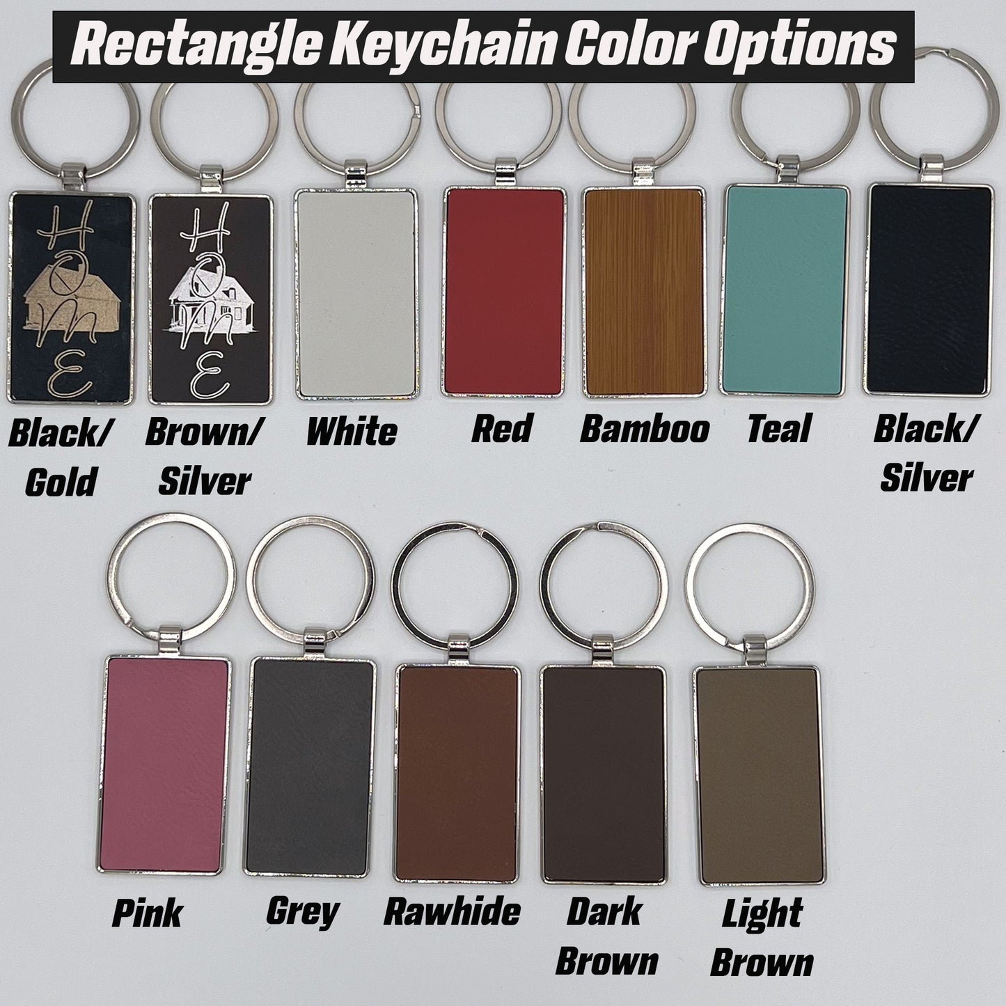 Laser Engraved Metal Rectangle Keychains with Leatherette Inlay