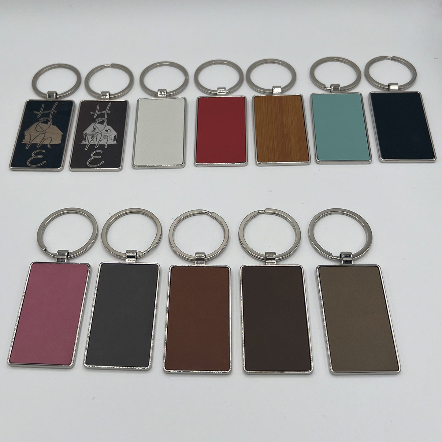 Laser Engraved Metal Rectangle Keychains with Leatherette Inlay