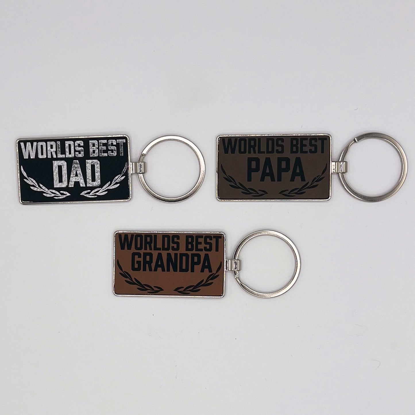 Laser Engraved Metal Rectangle Keychains with Leatherette Inlay